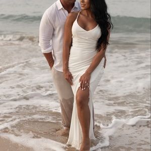 David’s Bridal RUCHED SKINNY STRAP DRESS WITH LACE SLIT,SOFTWHITE, Size 4